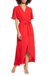 FRAICHE BY J FLUTTER SLEEVE FAUX WRAP MAXI DRESS