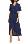 Fraiche By J Flutter Sleeve Faux Wrap Maxi Dress In Navy