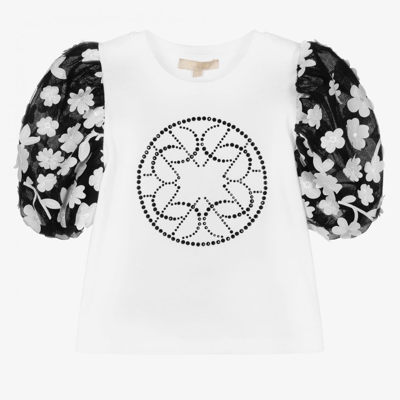 Elie Saab Kids' Girls White Floral Sleeve T-shirt