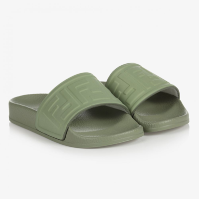 Fendi Kids' Khaki Green Ff Sliders