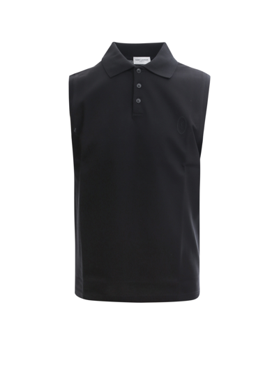 Saint Laurent Logo Embroidered Sleeveless Polo Shirt In Black