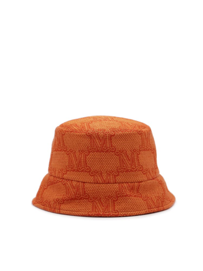 Max Mara Raffia Bucket Hat With All-over Monogram In Orange