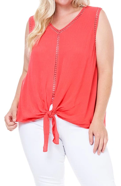 Single Thread Sleeveless Tie Front Top In Red Coral
