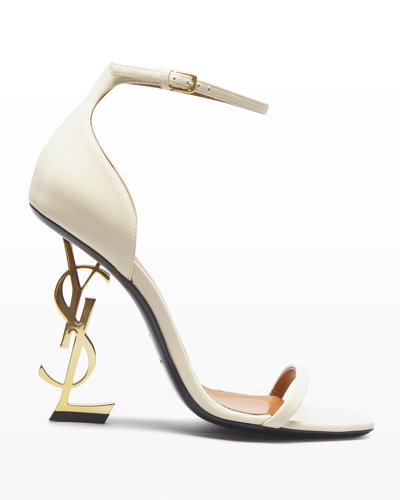Saint Laurent Squared Toe Leather Ankle Strap Sandals In Real Beige