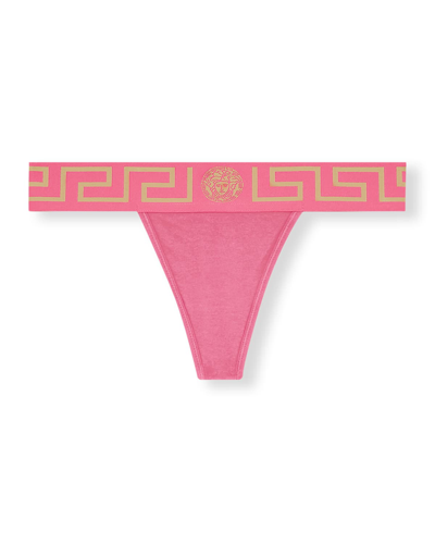 Versace Greca-border Stretch Cotton Thong In Liatris Splash