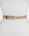 Ferragamo New Bisque And Black Leather Gancini Belt In New Bisque/silver