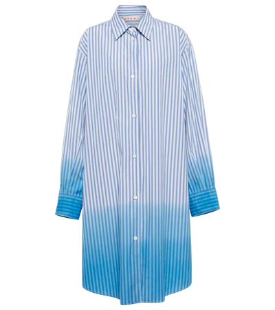 Marni Striped Mid Cotton Shirt-dress With Dyed Bottom In Iris Blue