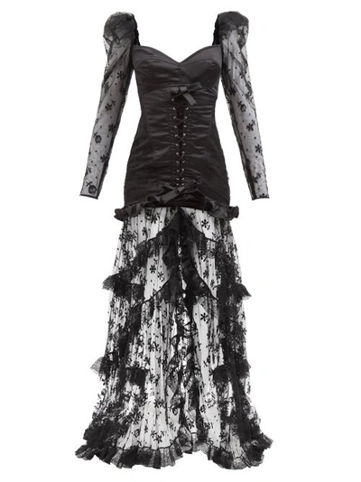 Alessandra Rich Duchesse Sheer Lace-up Puffed-long Sleeve Gown In Black