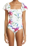 La Doublej Scarlett Flounced-sleeve Floral-print Swimsuit In White Lily