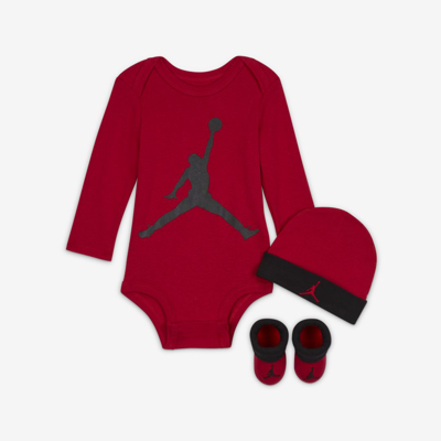 Jordan Baby Bodysuit, Beanie And Booties Set In Gym Red