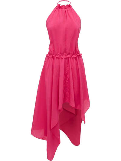Jw Anderson Asymmetric Gathered Taffeta Halterneck Dress In Pink