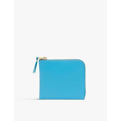 Comme Des Garçons Brand-print Leather Half-zip Wallet In Blue