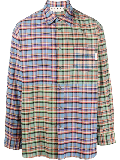 Marni Patchwork Check-print Oversized Shirt In Blue