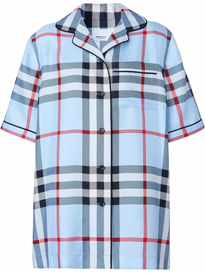 Burberry Tierney Check Mulberry Silk Pajama Shirt In Pale Blue