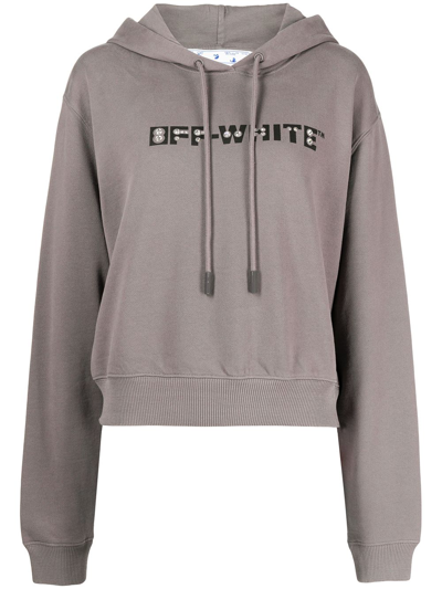 Off-white Logo-print Embellished Cropped Hoodie In Grey Black