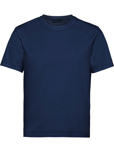 Prada Logo-embroidered Crew-neck T-shirt In Blu