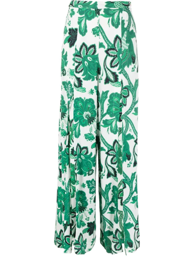 Etro Woman Floral Palazzo Trousers With Slit In Bianco/verde