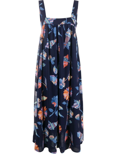 See By Chloé Embroidered Flared Midi Dress In Multicolor Blue 1