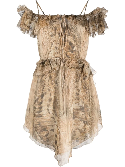 Blumarine Cold-shoulder Snakeskin Print Dress In Brown