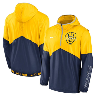 Nike Men's  Gold, Navy Milwaukee Brewers Overview Half-zip Hoodie Jacket In Gold,navy