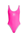 Balmain Pink & White Classic Maison One-piece Swimsuit In Fluo Pink White