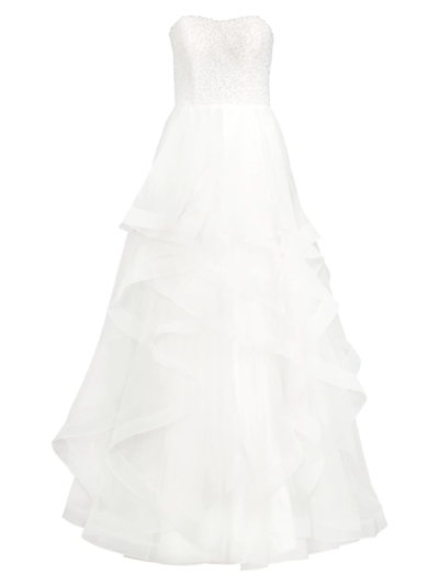 Basix Embellished Organza Ruffle Gown In White