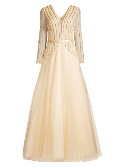 Basix Embellished Long Sleeve Tulle Gown In Champagne