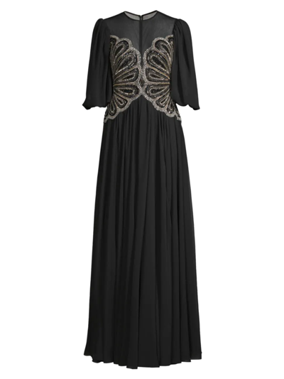 Basix Embellished Illusion Neckline Gown In Black Silver
