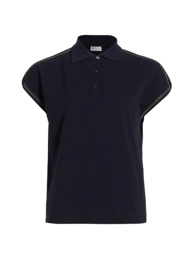 Brunello Cucinelli Bead-embellished Polo Shirt In Navy