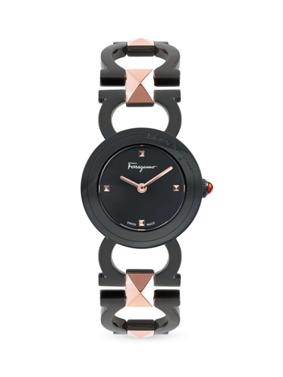 Ferragamo Women's Double Gancini Stud Two-tone Black & Rose Gold Stainless Steel Bracelet Watch