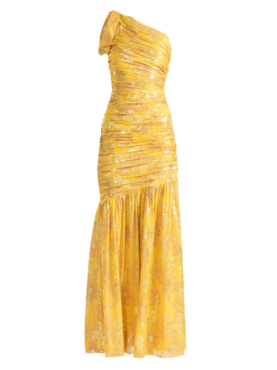 Shoshanna Sia Sunrise Ruched Floral Jacquard Gown In Lemongold | ModeSens
