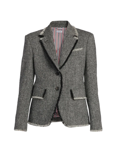 Thom Browne Frayed Trims Herringbone Harris Tweed Single Breasted Blazer In Grey