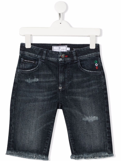 Philipp Plein Junior Kids' Distressed Denim Shorts In Blue