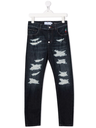 Philipp Plein Junior Kids' Distressed Slim-cut Jeans In Blue