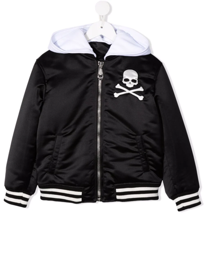 Philipp Plein Kids' Hooded Skull Bomber Jacket In Black