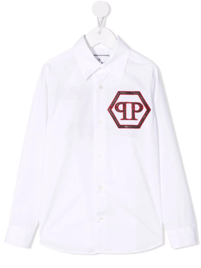 Philipp Plein Kids' Embroidered Logo Long-sleeve Shirt In White