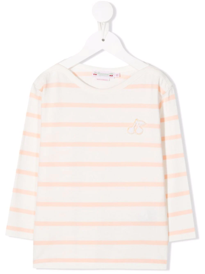 Bonpoint Teen Embroidered-cherry Striped Top In Neutrals