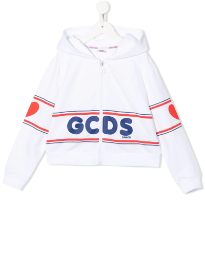 Gcds Teen Logo-print Zip-up Hoodie In White