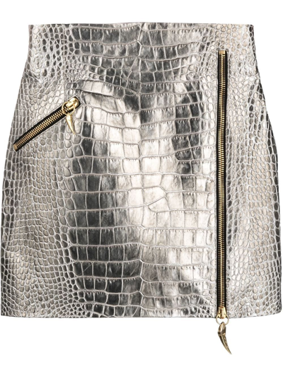 Roberto Cavalli Embossed Crocodile Effect Skirt In Silver