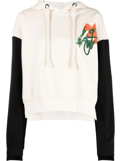 Jw Anderson Floral-embroidered Contrast-sleeve Hoodie In Neutrals