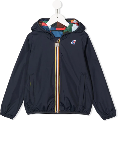 K-way Kids' Check-print Hooded Jacket In Blue