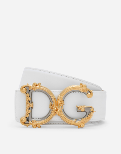 Dolce & Gabbana Leather Belt With Baroque Dg Logo In White
