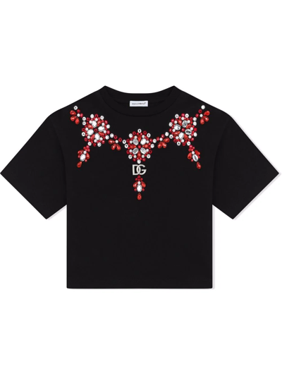 Dolce & Gabbana Kids' Gemstone-embellished Cotton T-shirt In Nero