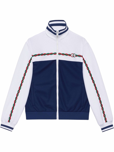 Gucci Interlocking G Polyester Piquet Zip Jacket In White,blue
