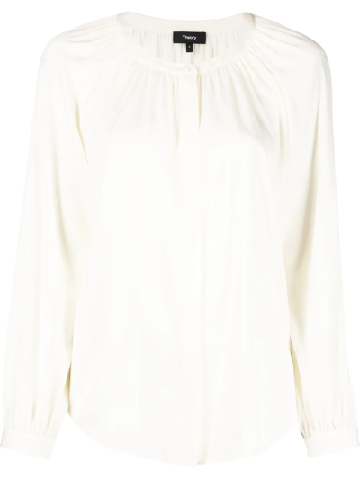 Theory Gathered-detailing Stretch-silk Blouse In White