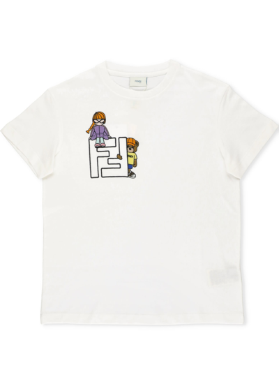 Fendi Kids' Embroidered T-shirt In Gesso