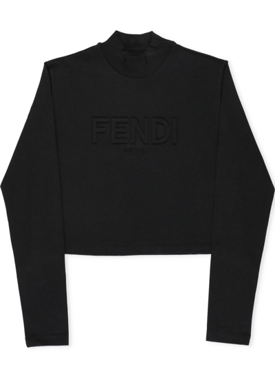 Fendi Kids' Cotton Cropped T-shirt In Black