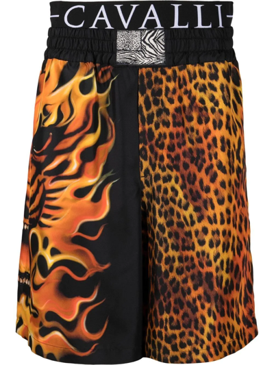 Roberto Cavalli Logo-waistband Animalier-patch Shorts In Orange