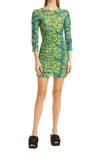 Ganni Multicolor Recycled Nylon Mini Dress In Green