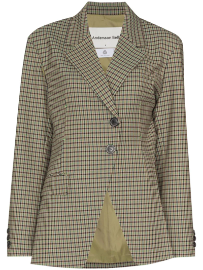 Andersson Bell Celina Cutout Tie-detailed Checked Wool-blend Blazer In Green